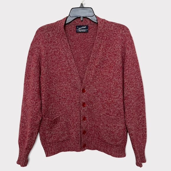 Puritan Sweaters - Vintage Puritan Aquamatic Red Wool Blend V-Neck Button Front Cardigan Pockets M
